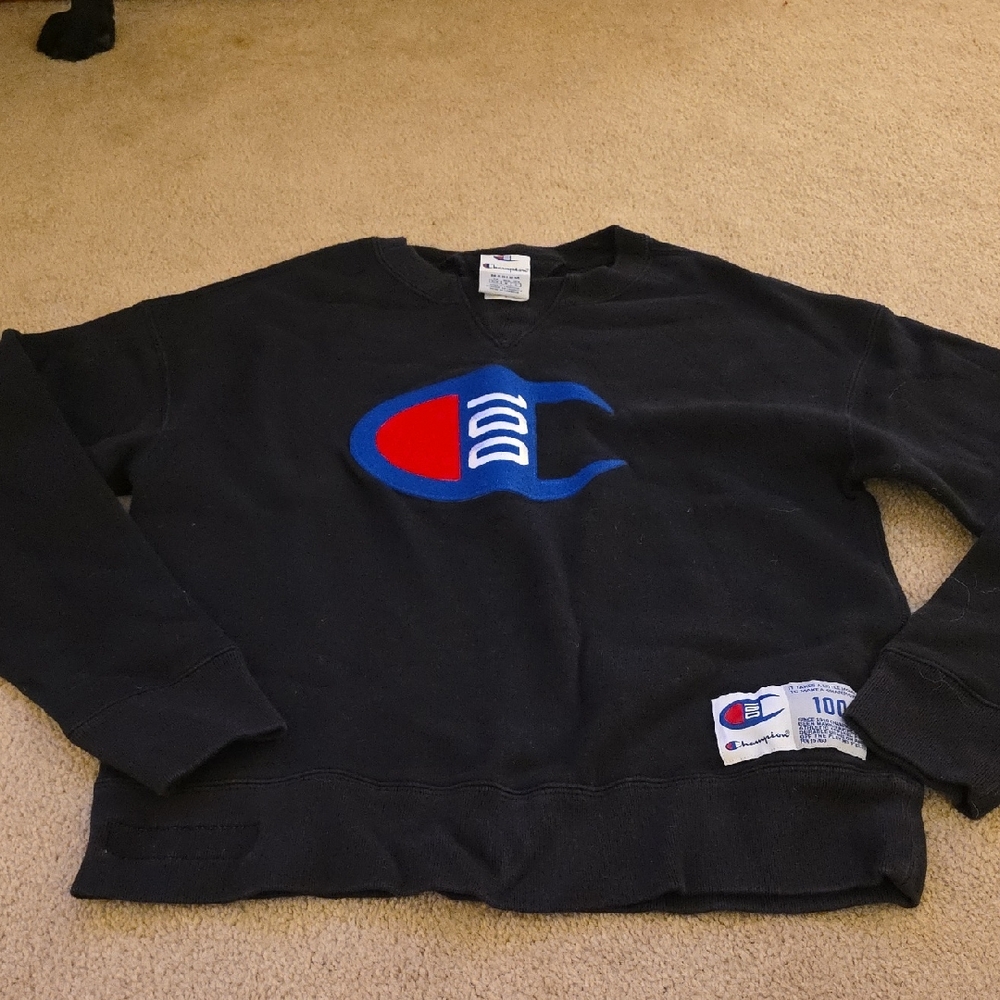 Champion Black Crewneck Sweater with Blue And Red Logo